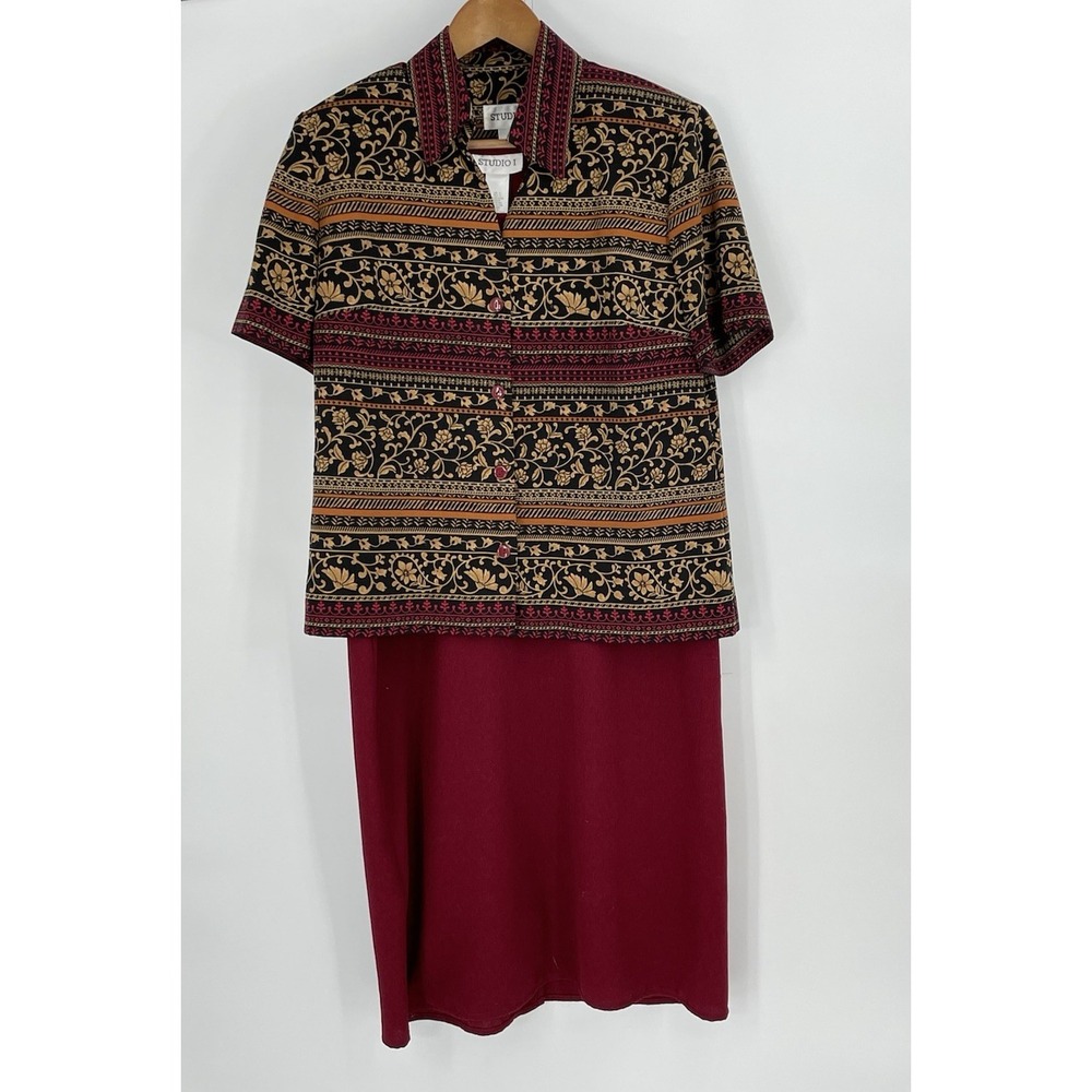 Studio I Women 10 Dress and Jacket Set Sz 10 Red Swirl Floral Print Maxi Casual‎